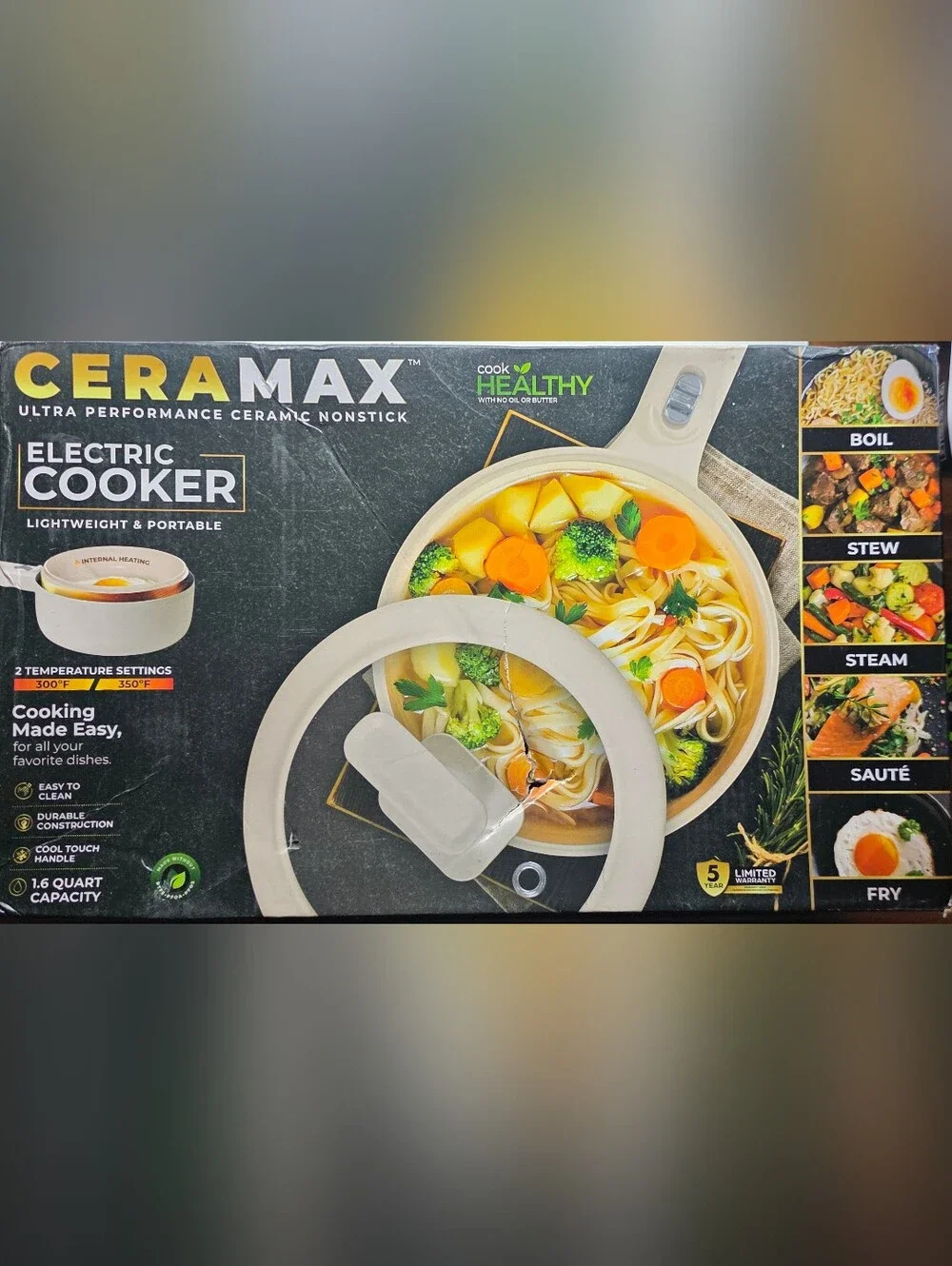 CERAMAX 1.5L Electric Cooler with Lid & Steamer - Adjustable Temp, Ceramic